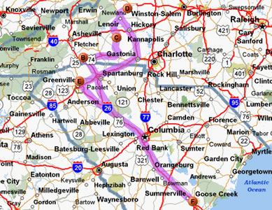 Map of Carolinas showing FF's motorcycle trip on July 28-30, 2006