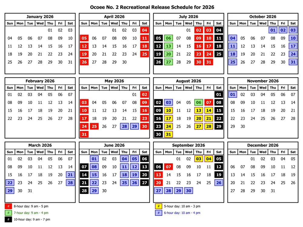 2026 Middle Ocoee Recreation Release Calendar Schedule