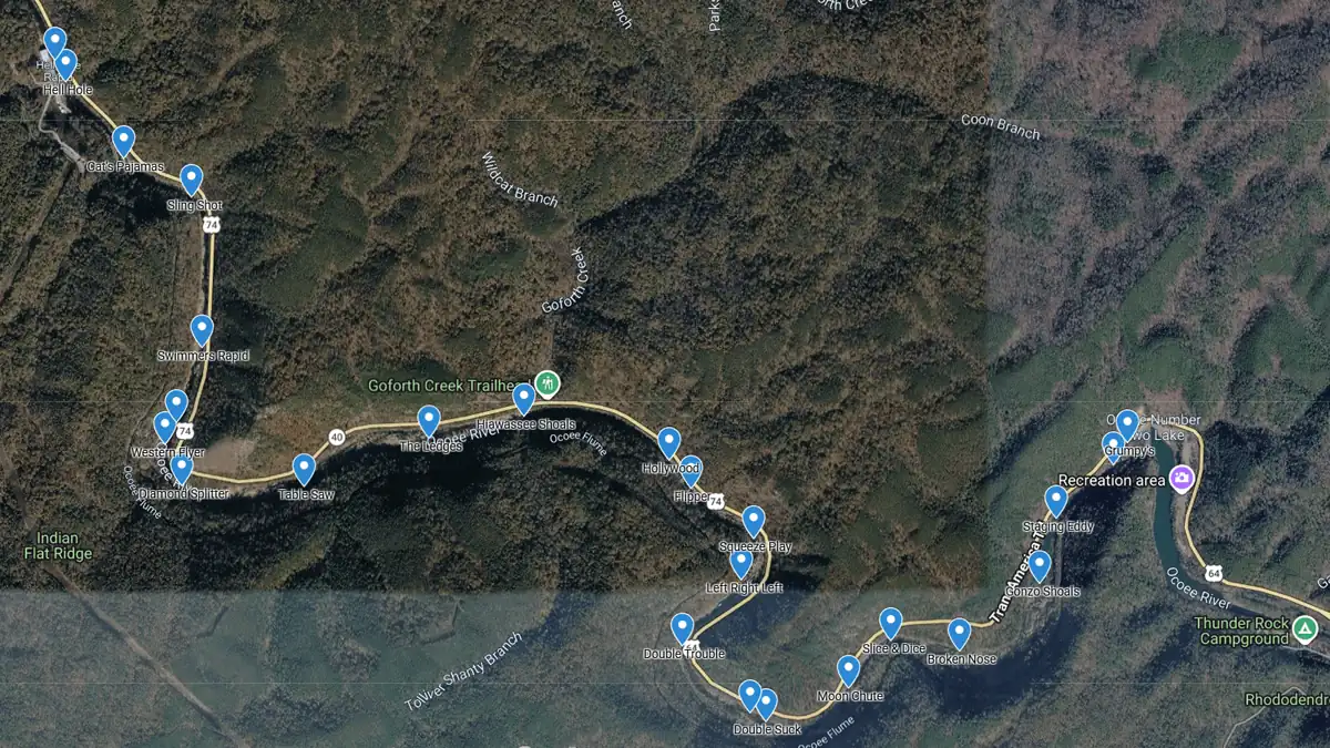 Interactive Google Topographic Map of the Middle Ocoee River and Access Points