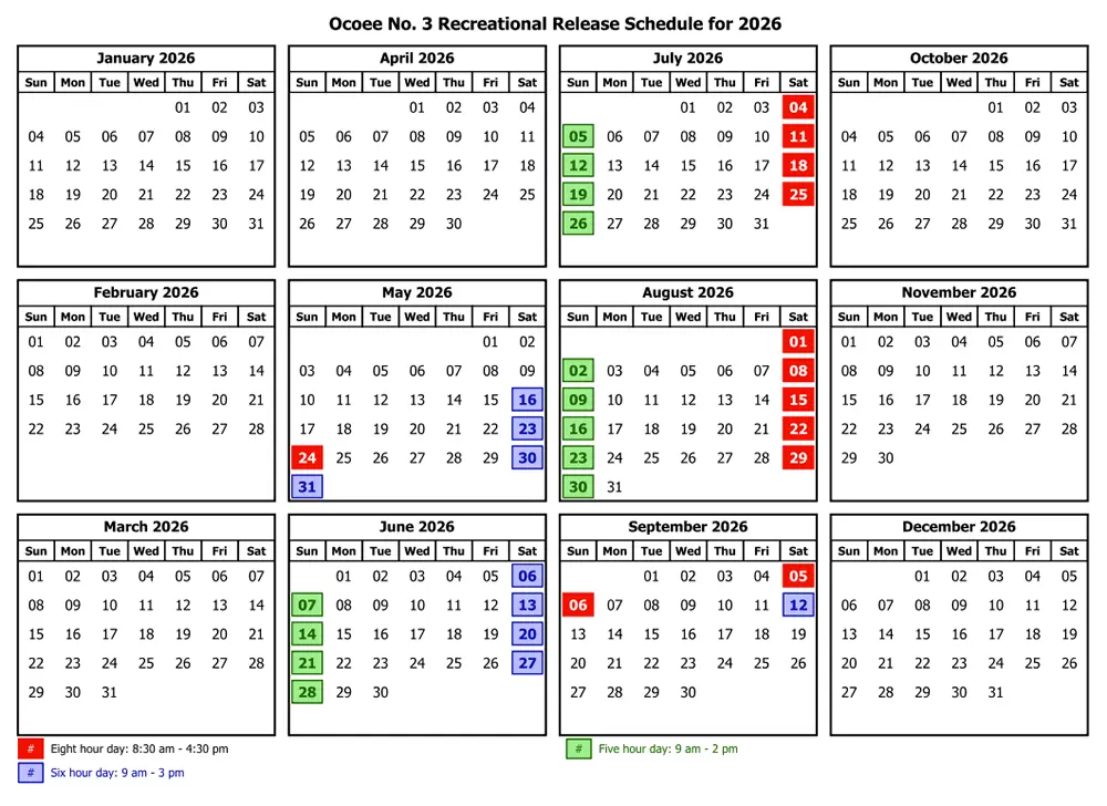 2026 Upper Ocoee Recreation Release Calendar