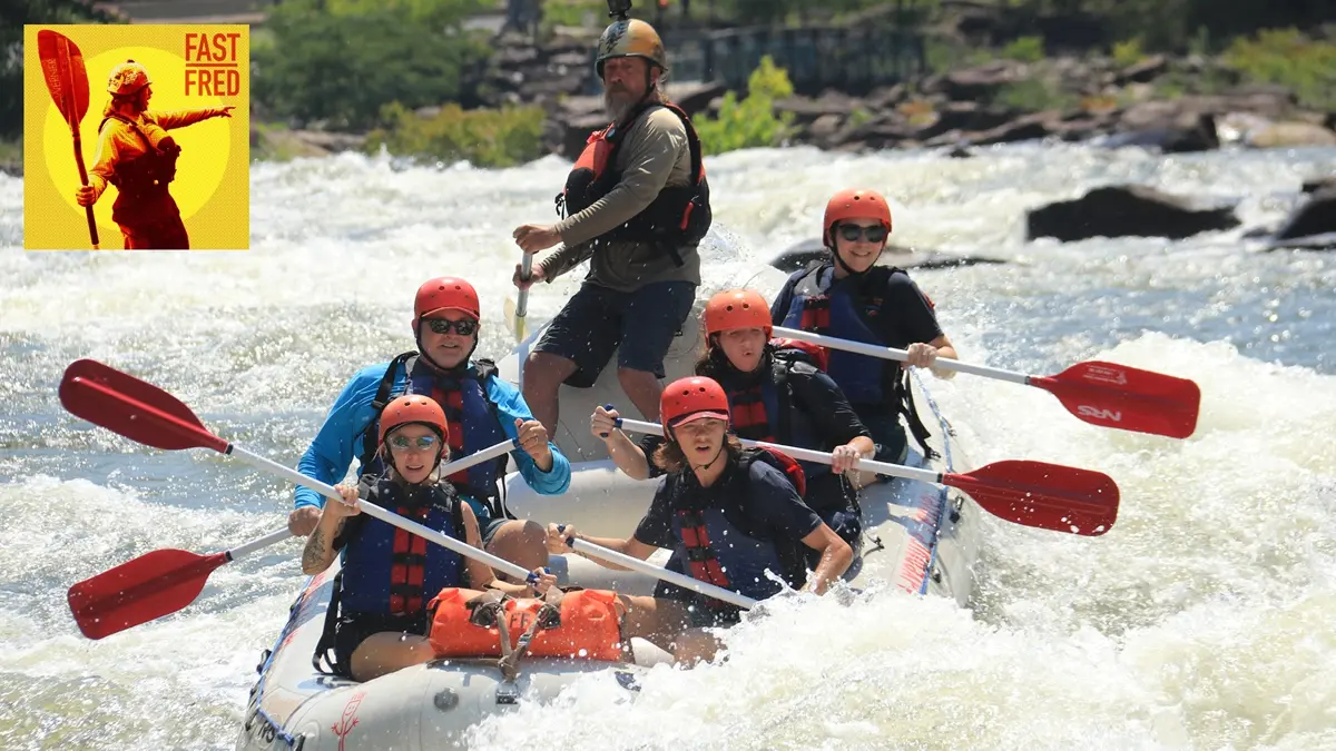River guide Fast Fred Ruddock and crew droping into Raptor on the way to Godzilla rapid on the Upper Ocoee River in TN.