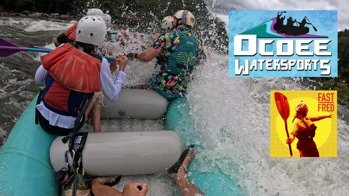 River Guide Fast Fred Ruddock and friends making a big splash in Callihan's Rapid in the Olympic course on the Upper Ocoee River in TN