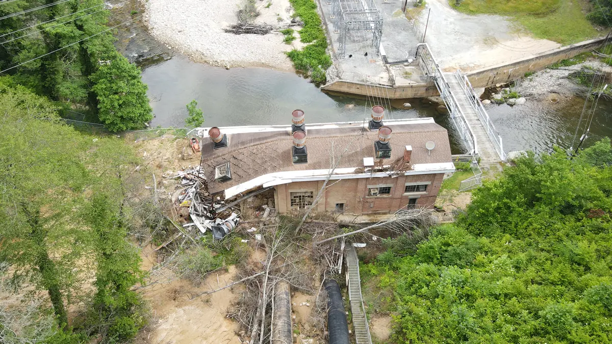 Aerial view of the destroyed Tuxedo Powerhouse on the Green River after Hurricane Helene