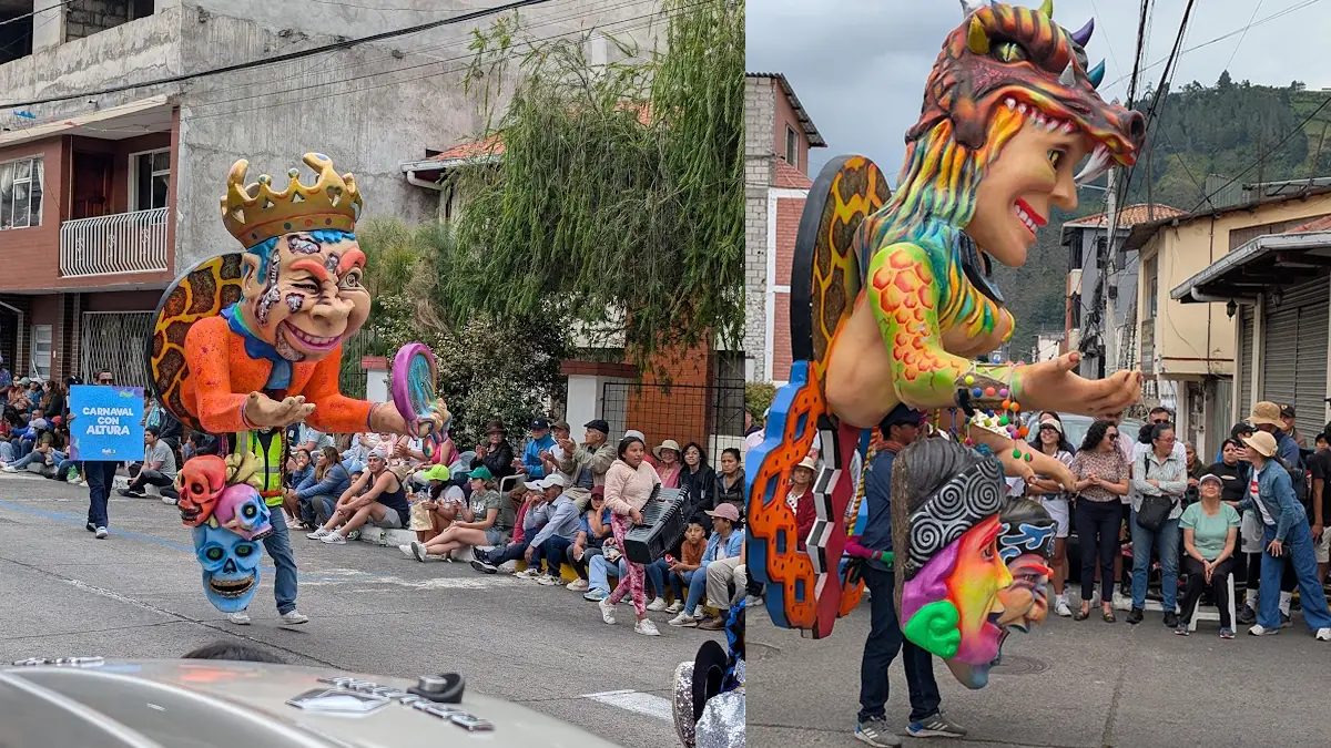 Traditional Cantonization parade with colorful costumes and crowds in Baños de Agua Santa, Ecuador