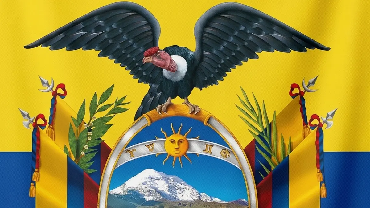 Detailed view of the Ecuadorian Coat of Arms featuring the Andean condor, Chimborazo volcano, and the sun with zodiac symbols, centered on the national tricolor.