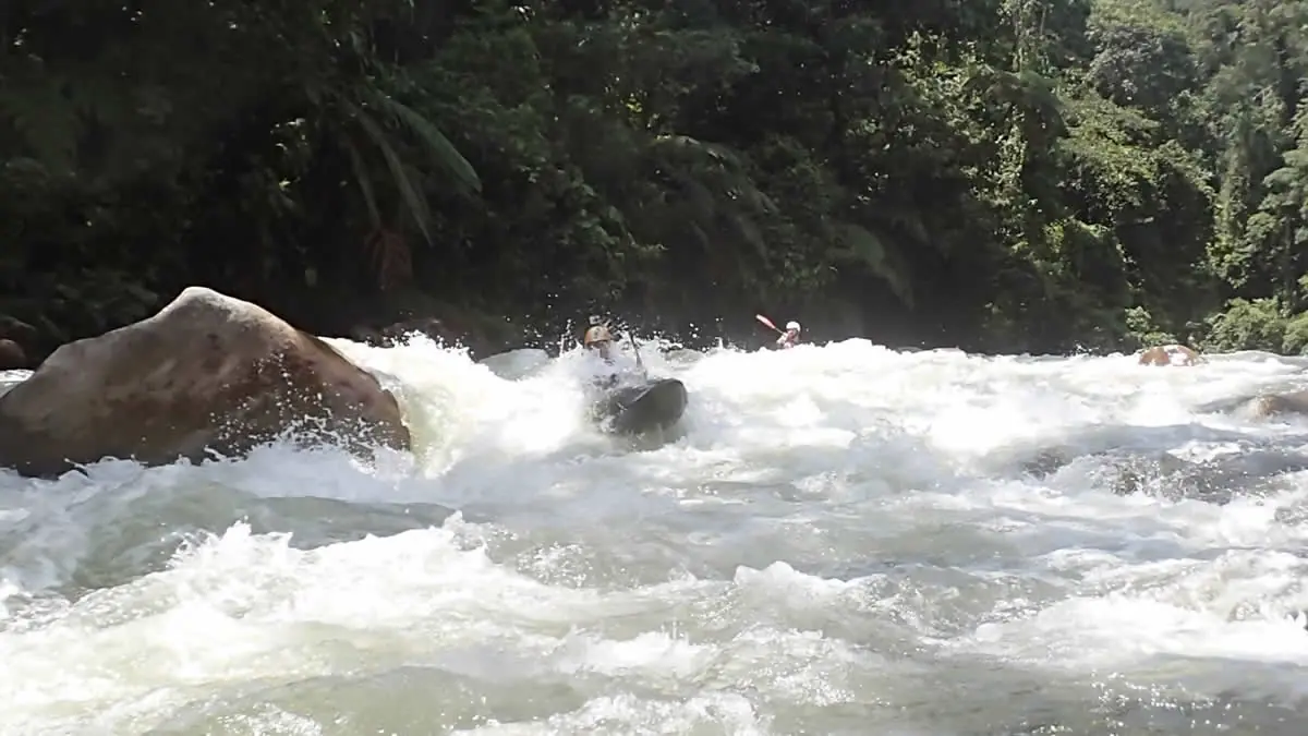 Fast Fred navigating challenging whitewater rapids surrounded by lush jungle in Ecuador