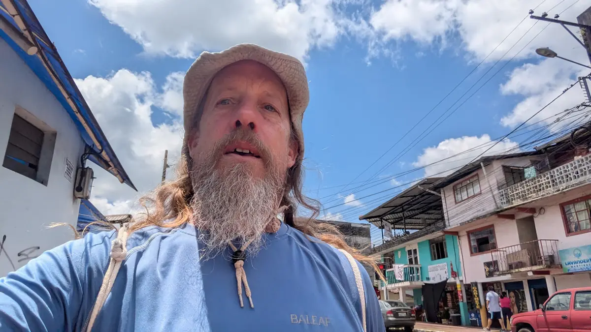 Fast Fred Ruddock walking through the streets of Puyo, the gateway to the Ecuadorian Amazon