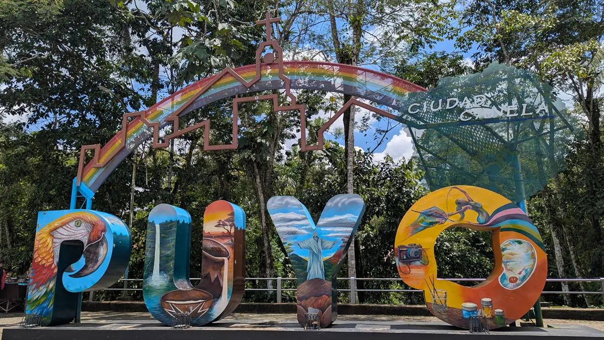 A colorful park sign in Puyo, the gateway city to the Ecuadorian Amazon