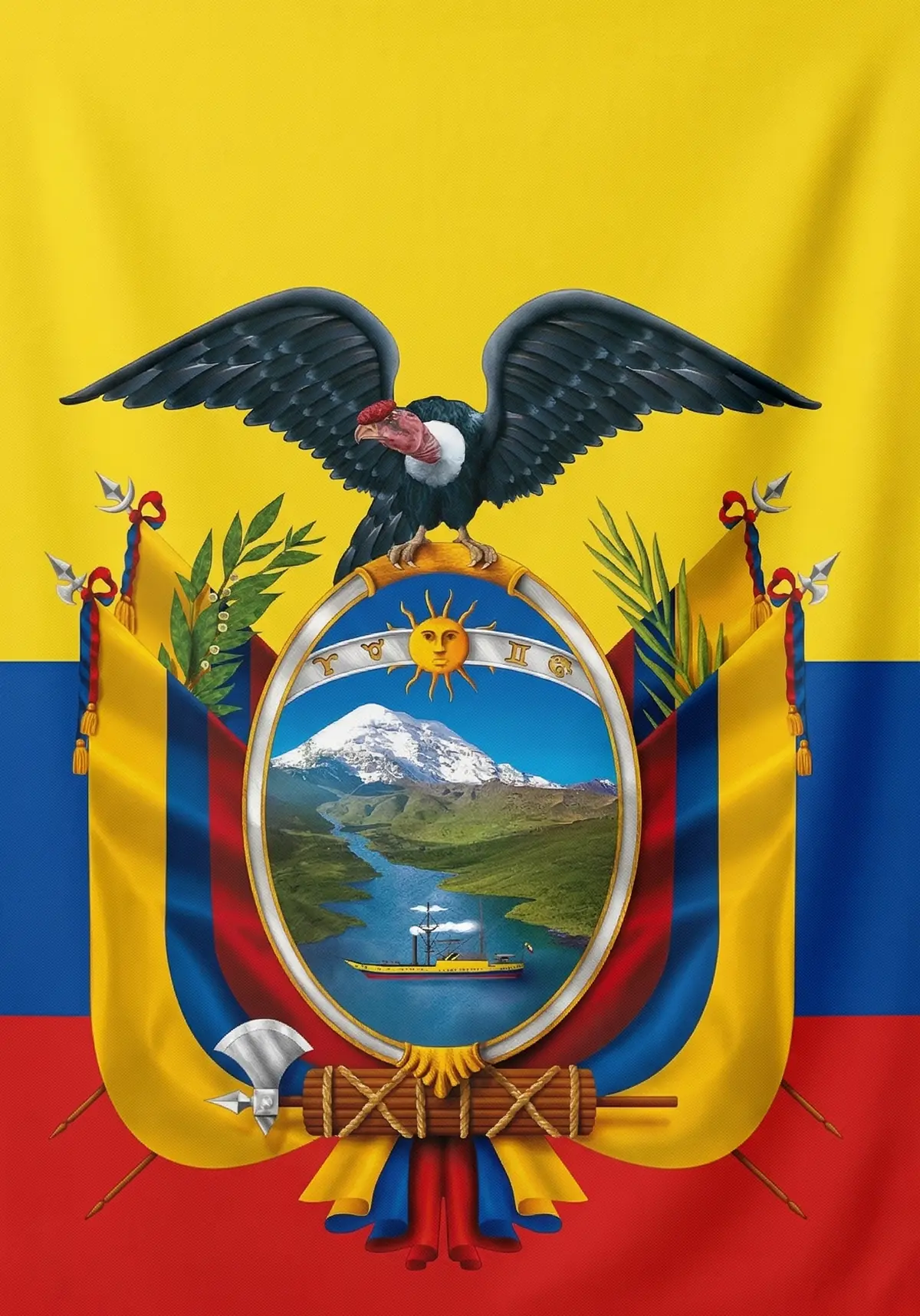 The official Coat of Arms of Ecuador, featuring the Andean condor, Chimborazo volcano, the Guayas River, and the steamship Guayas, set against the national tricolor.