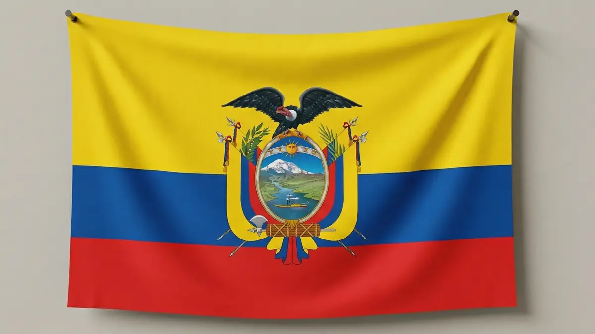 The national flag of Ecuador featuring yellow, blue, and red horizontal bands with the coat of arms centered on the yellow and blue stripes.