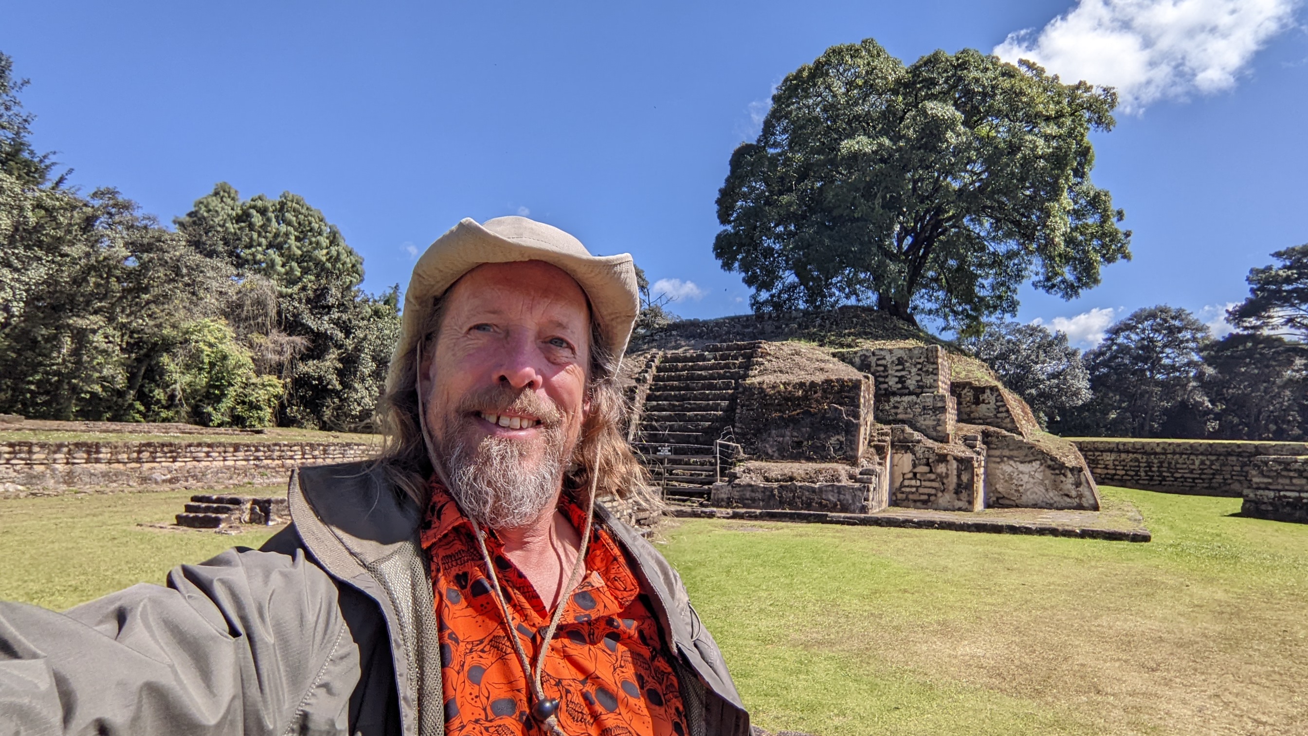 Fast Fred standing in front of ruins in Iximche Guatemala