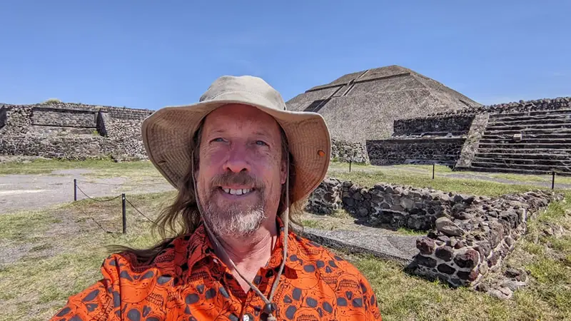 Fast Fred Ruddock exploring the Teotihuacan pyramids in Mexico