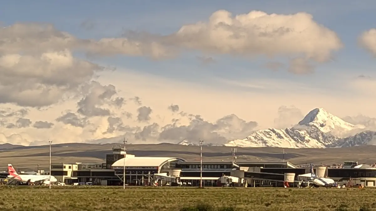 South American airport with glaciers in the background