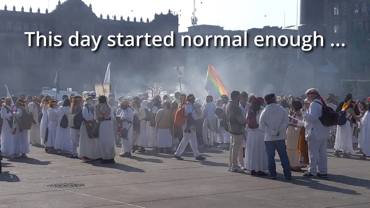 FNLS Protesters with green corn signs in Mexico City Zocalo