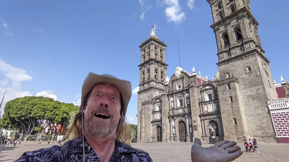 Fast Fred Ruddock in front of the historic Puebla Cathedral in Mexico