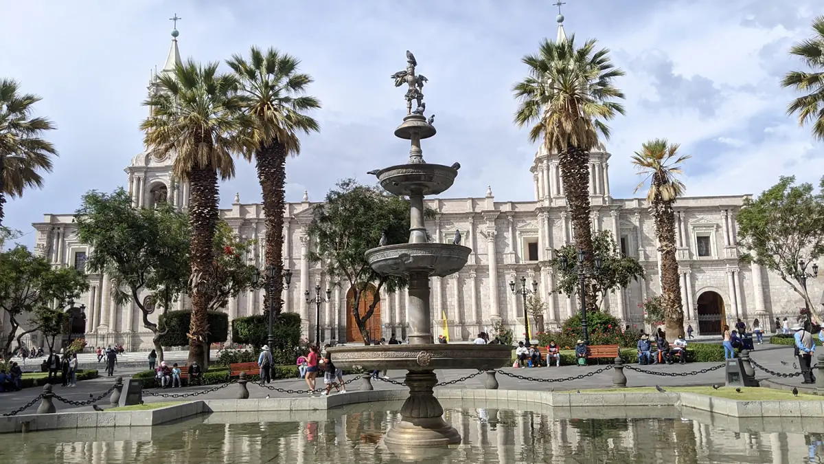 The central fountain in the Plaza de Armas of Arequipa, Peru, with the Cathedral in the background