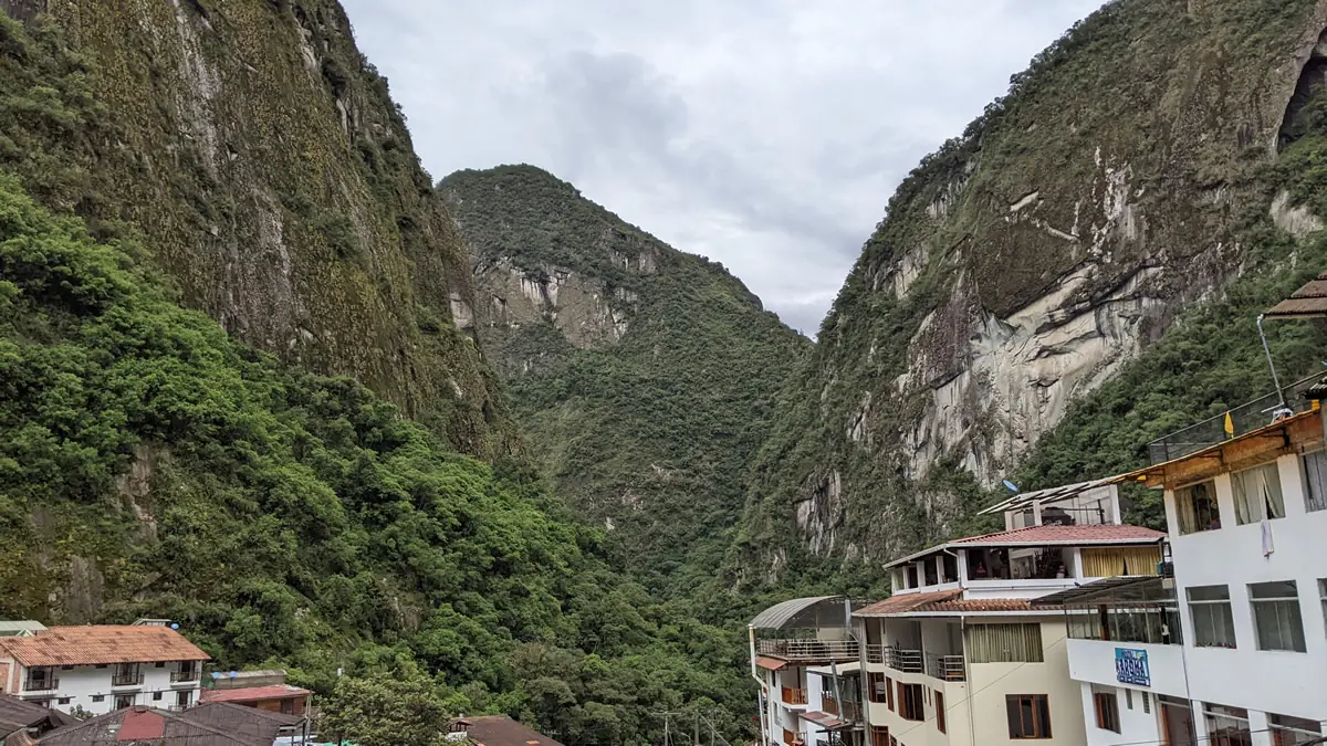 Looking up the narrow gorge that holds the small town of Aguas Calientes near Machu Picchu.