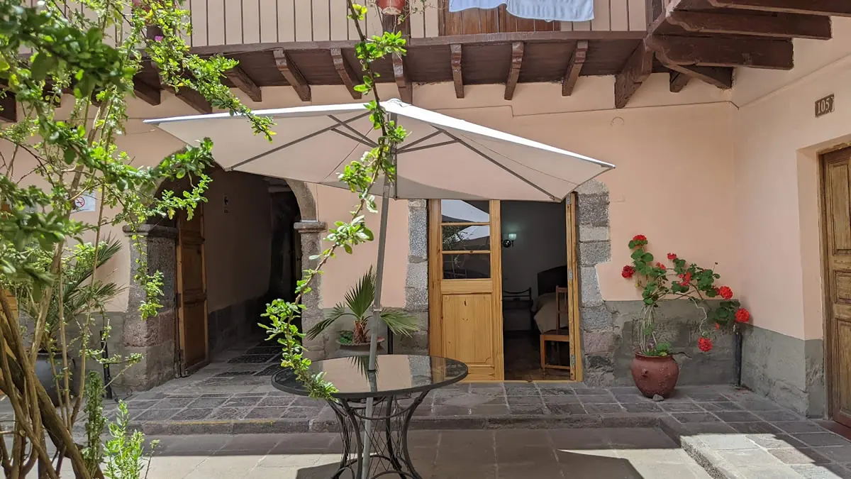 The view from the dining room back towards my first more frugal room without a balcony at Hostal Qorichaska in Cusco, Peru.