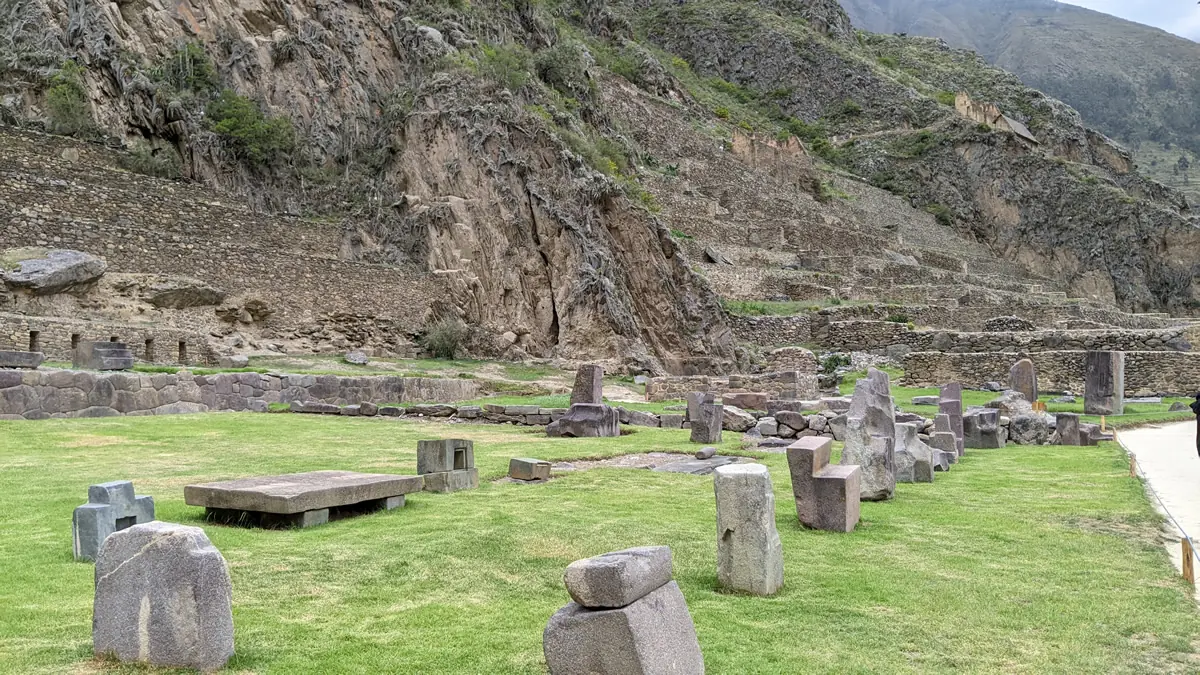 Close-up of the incredibly precise megalithic stone engineering at the ancient ruins of Ollantaytambo in Peru.