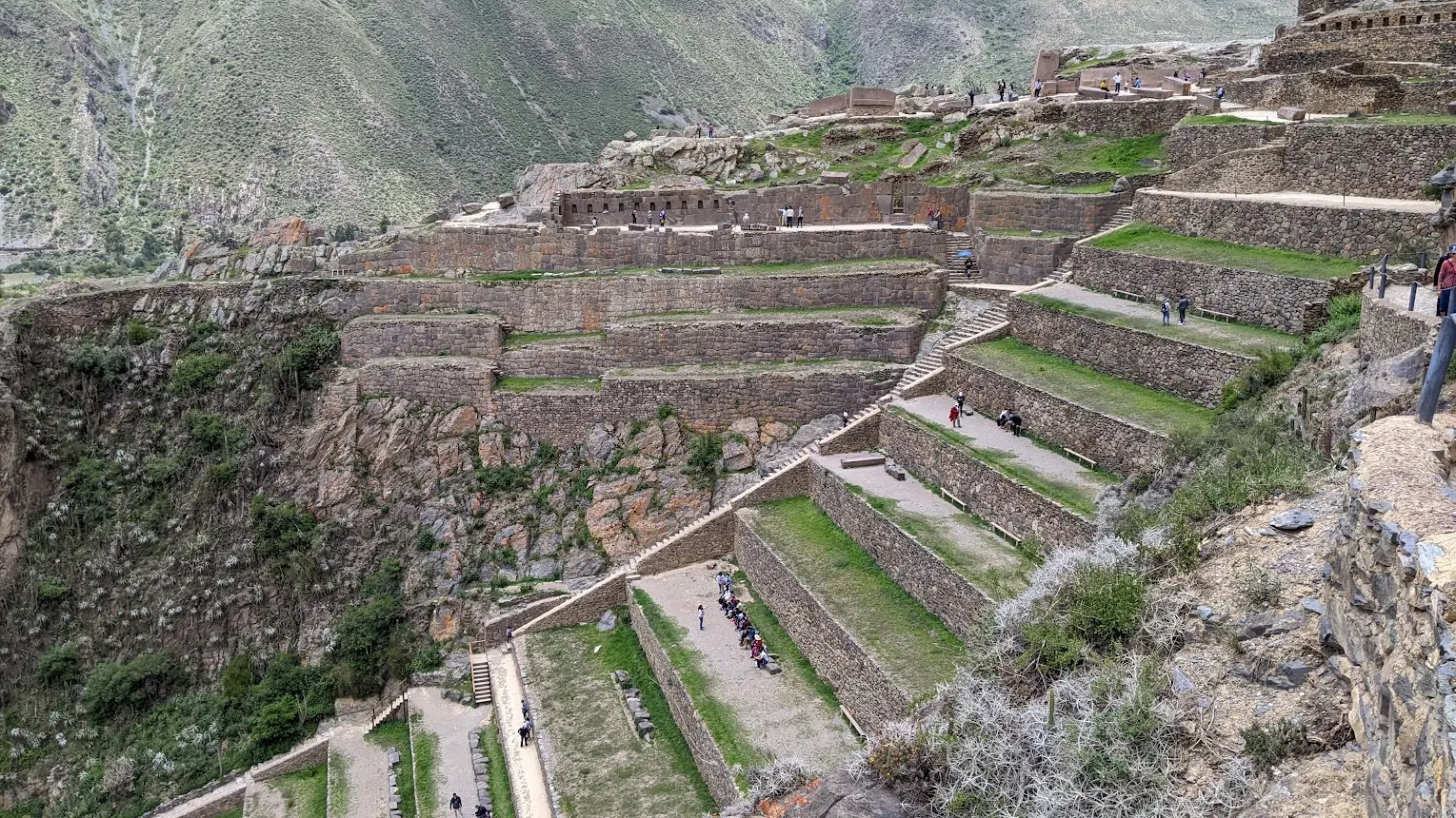 The massive Incan agricultural terraces at the Ollantaytambo ruins in the Sacred Valley of Peru.
