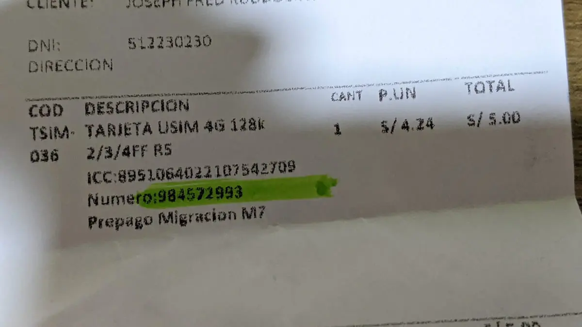 A local Movistar SIM card acquired in Lima, Peru, essential for securing local data and coverage while traveling.
