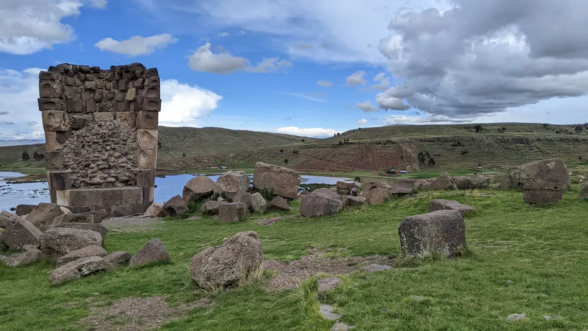 Stone chullpas at the Sillustani pre-Inca cemetery overlooking Lake Umayo near Puno, Peru.