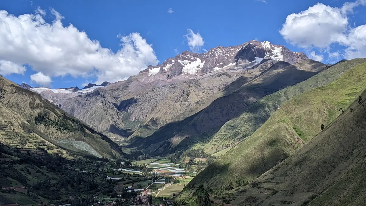 Scenic view looking across the Sacred Valley from a mirador, with the town of Urubamba located just out of frame to the right.