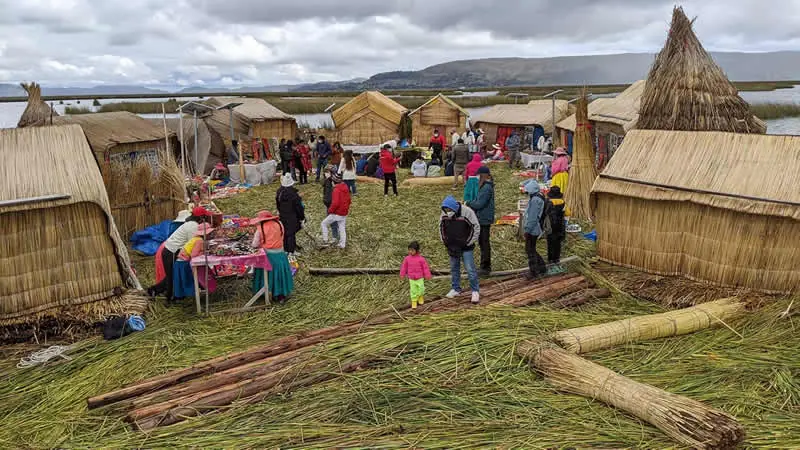 The unique Uros Floating Islands made of totora reeds on Lake Titicaca near Puno, Peru.